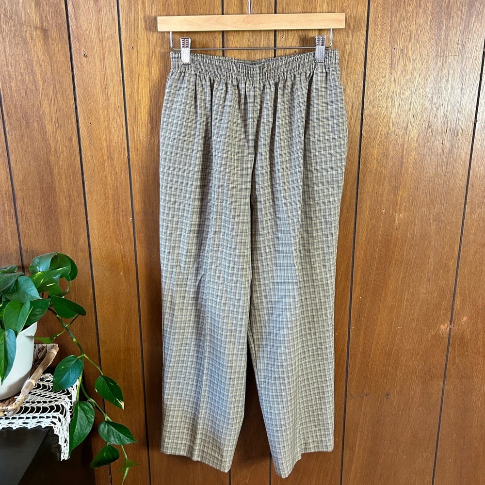 Vintage Bon Worth Womens M Petite Elastic Waist Plaid Pants Trousers Beige Black